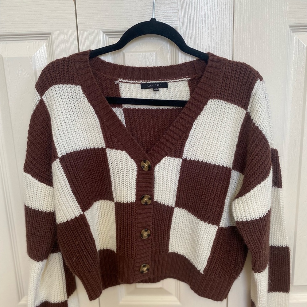 M Love Tree Brown and White Cropped Cardigan Sweater